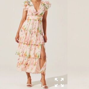 Astr Floral Ruffle Maxi Dress in Pink and Green